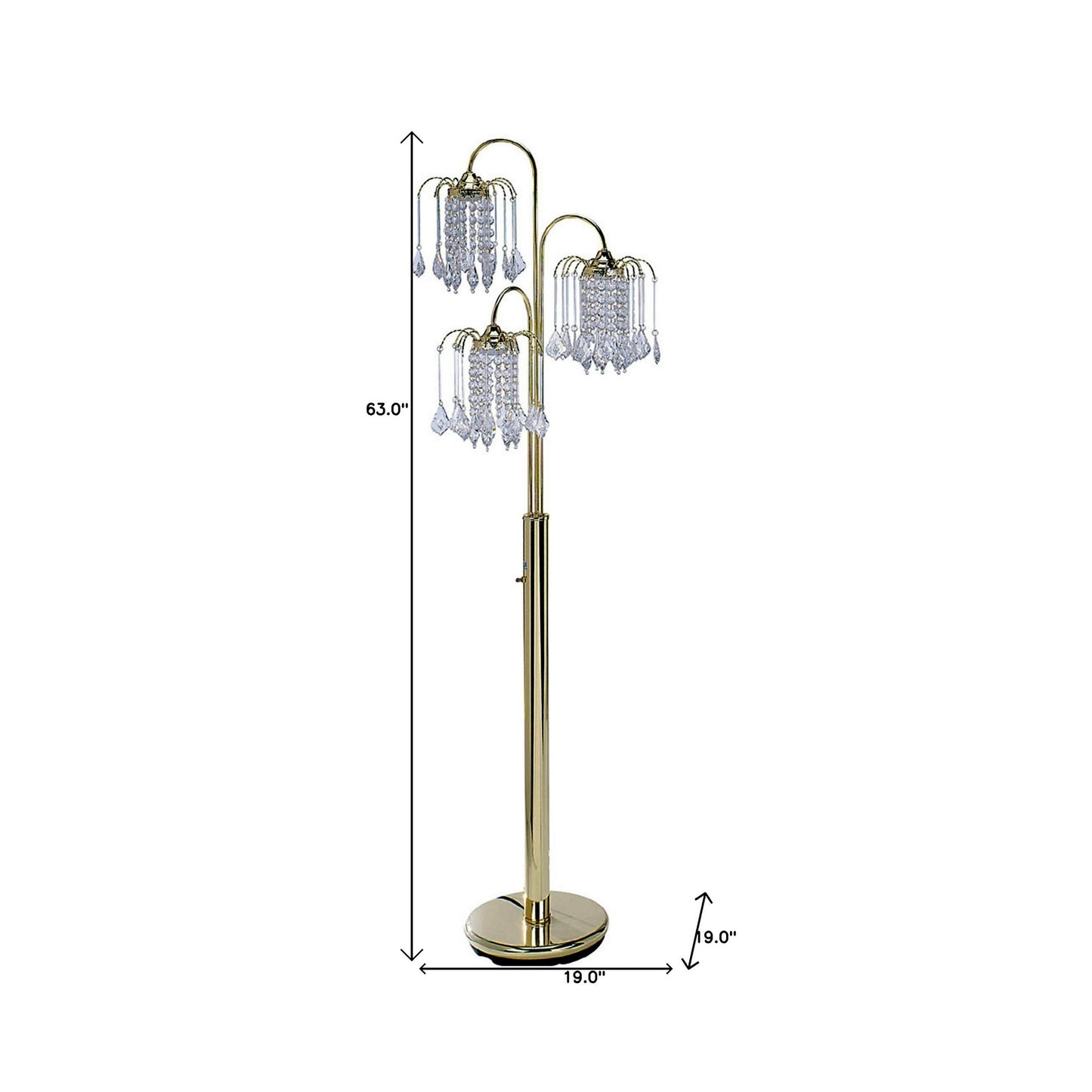 63" Gold Three Lights Candelabra Floor Lamp With Clear Faux Crystal Shades