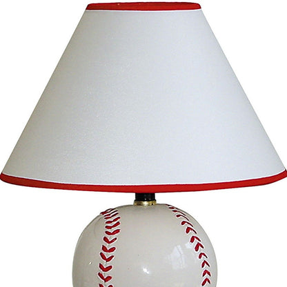 12" White and Red Ceramic Baseball Sports Table Lamp With White and Red Empire Shade