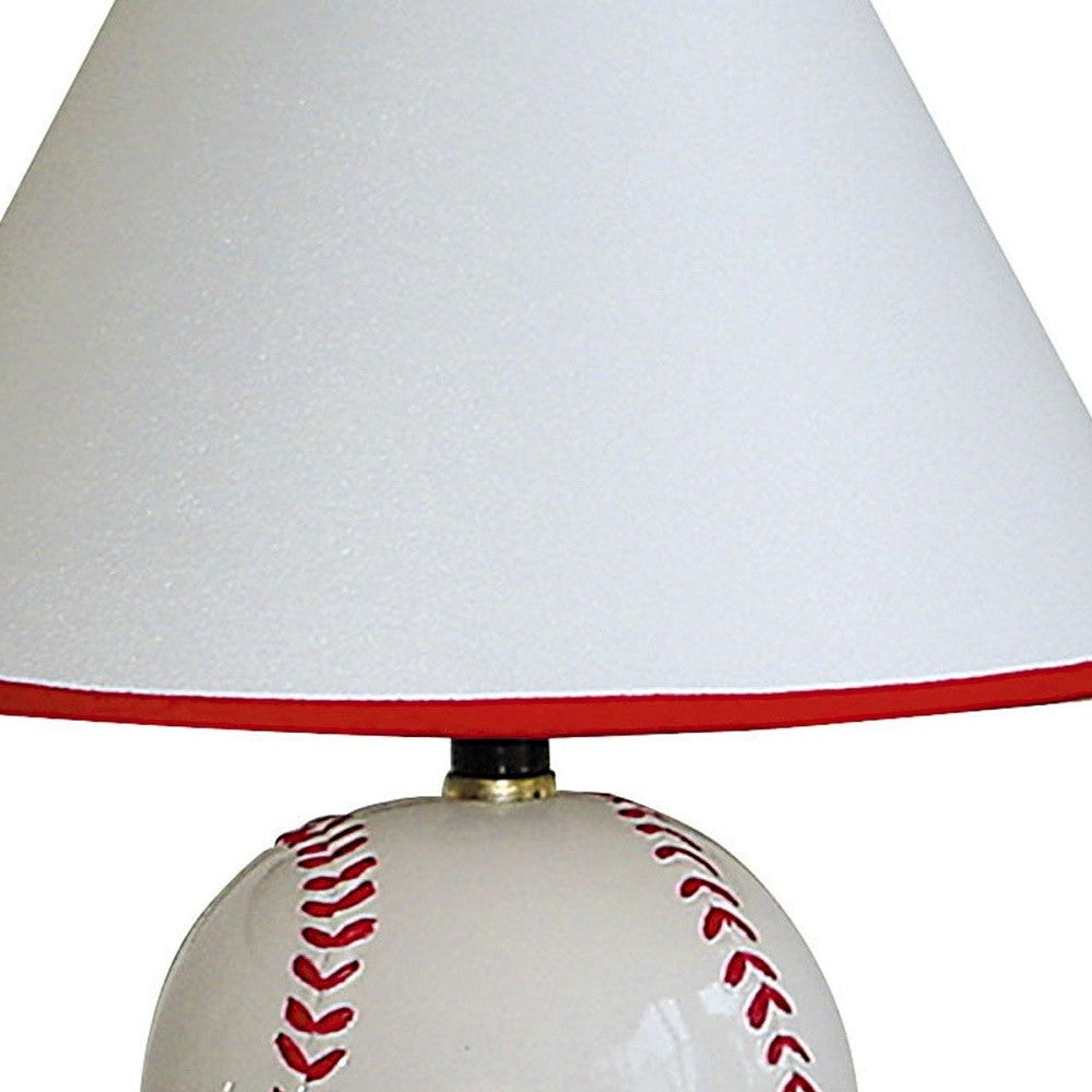 12" White and Red Ceramic Baseball Sports Table Lamp With White and Red Empire Shade