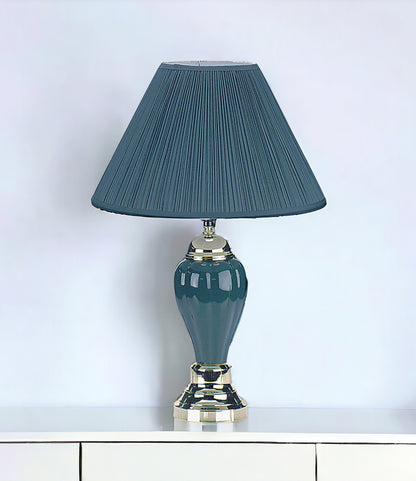 27" Teal Blue and Gold Ceramic Urn Table Lamp With Teal Blue Empire Shade