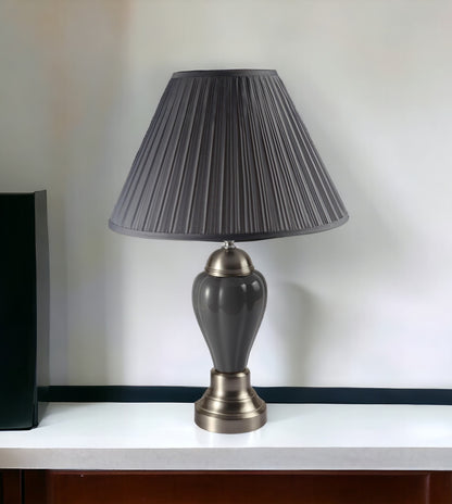 27" Silver Ceramic Urn Bedside Table Lamp With Brown Empire Shade