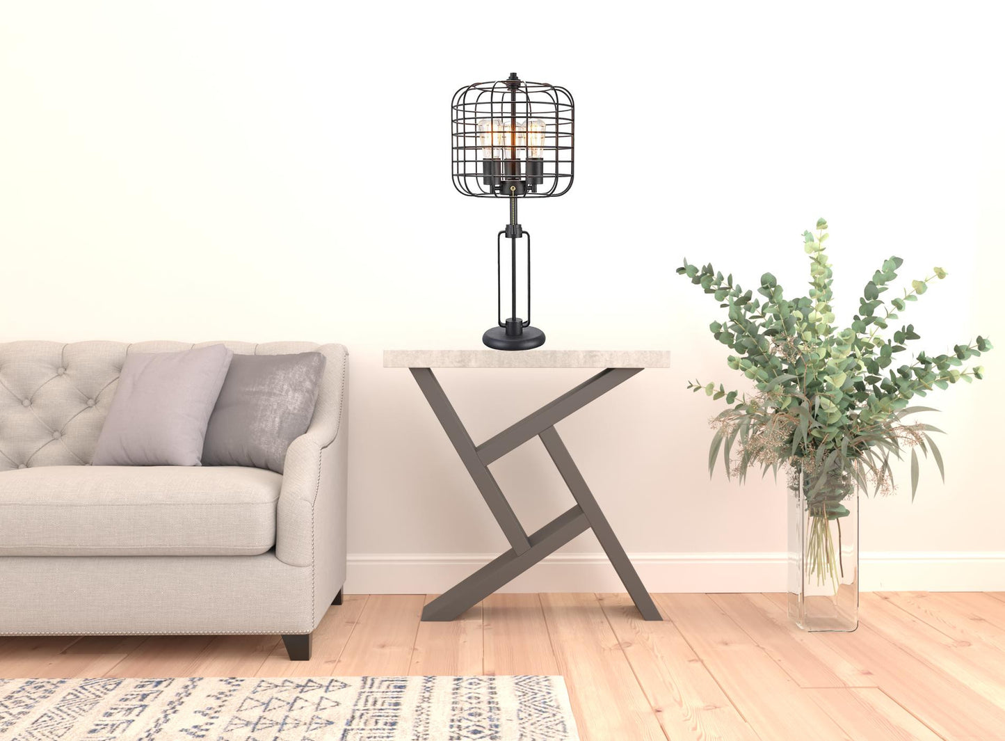 27" Black Metal Industrial Cage Design Three Light Table Lamp