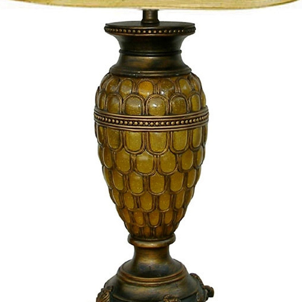 31" Golden Brown Polyresin Urn Table Lamp With Night Light and Gold Bell Shade