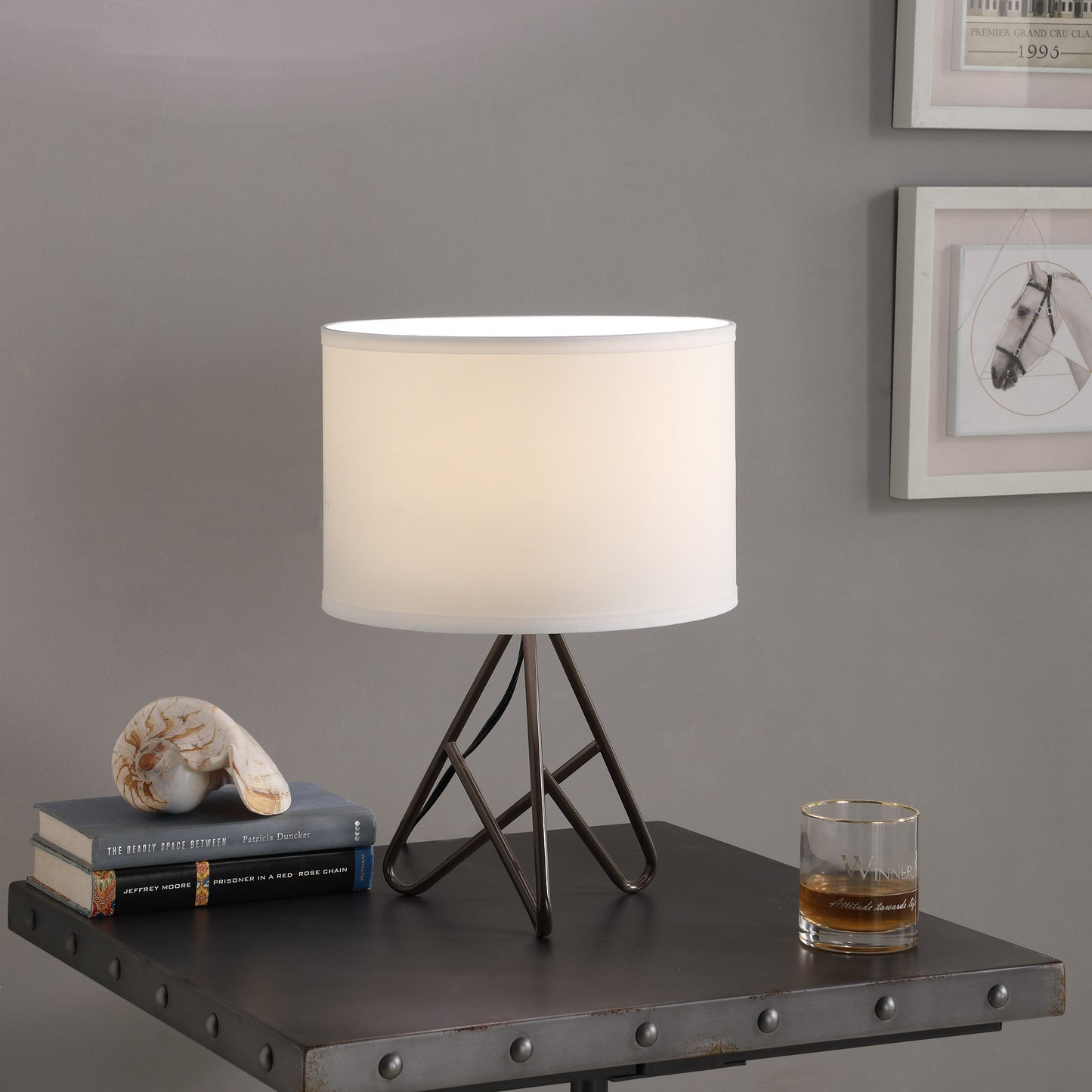 18" Brown Tripod Table Lamp With White Drum Shade