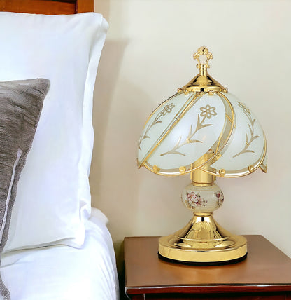 14" Gold Bedside Table Lamp With Floral Frosted Glass Shade