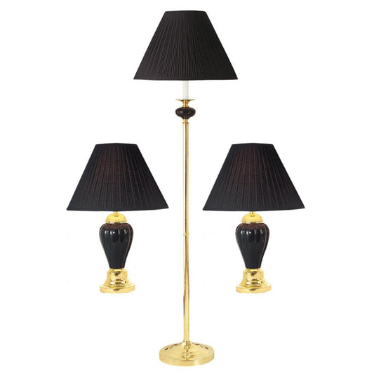 Set Of Three 64" Gold Ceramic Bedside Floor and Table Lamp Set With Black Empire Shade