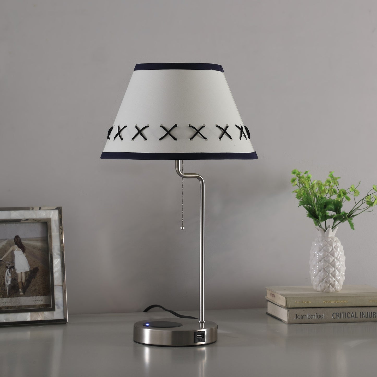 20" Silver Bedside Table Lamp With Off White Empire Shade