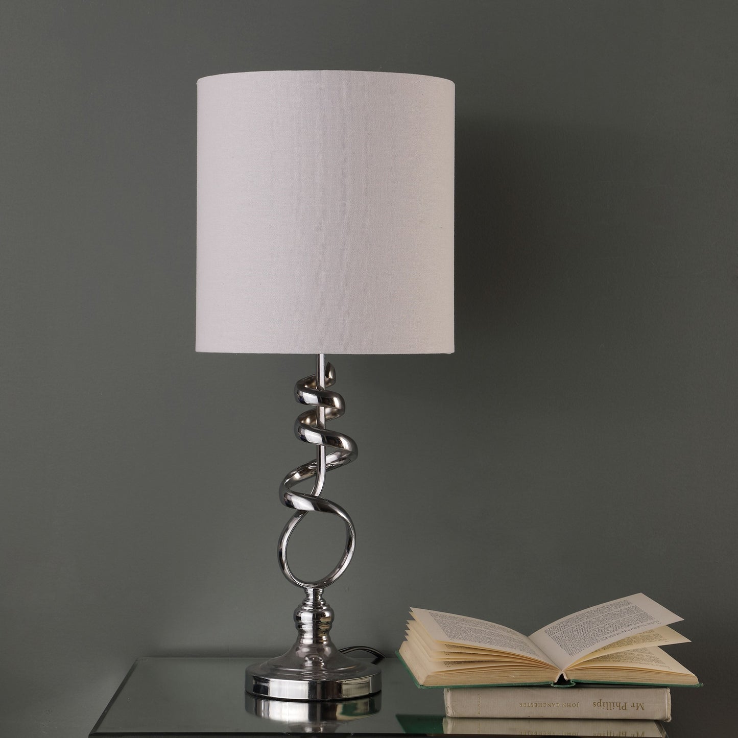 22" Nickel Bedside Table Lamp With Off White Drum Shade