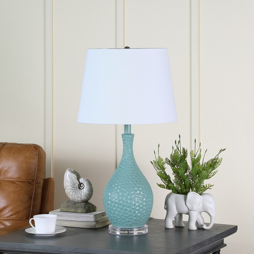 28" Aqua Hammered Urn Table Lamp With White Tapered Drum Shade