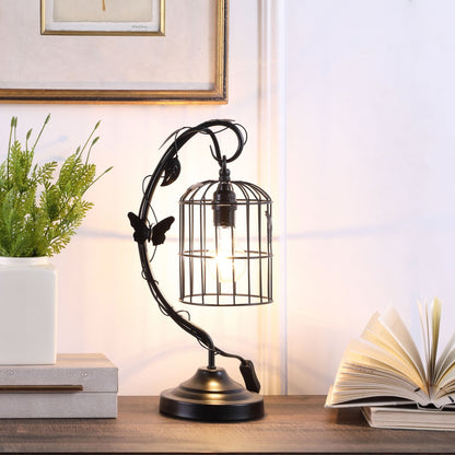 18" Black Bedside Table Lamp With Black Cage Shade