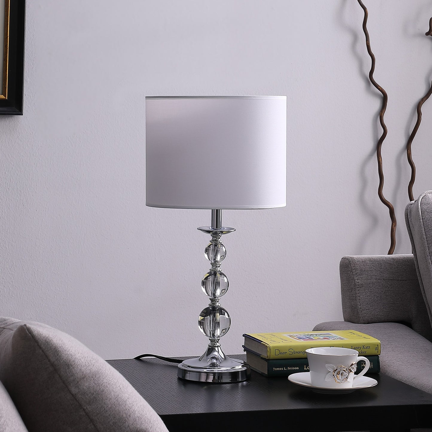 20" Silver Bedside Table Lamp With White Drum Shade