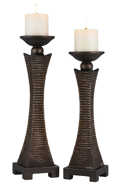 Set of Two Bronze Polyresin Woven Tabletop Pillar Candle Holders With Candle