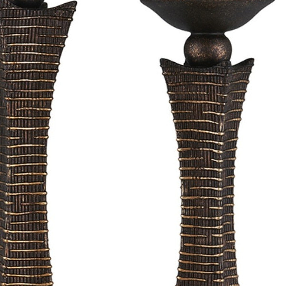 Set of Two Bronze Polyresin Woven Tabletop Pillar Candle Holders With Candle