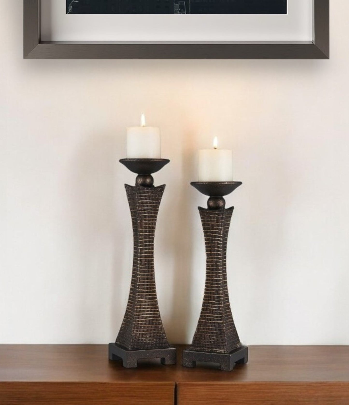 Set of Two Bronze Polyresin Woven Tabletop Pillar Candle Holders With Candle