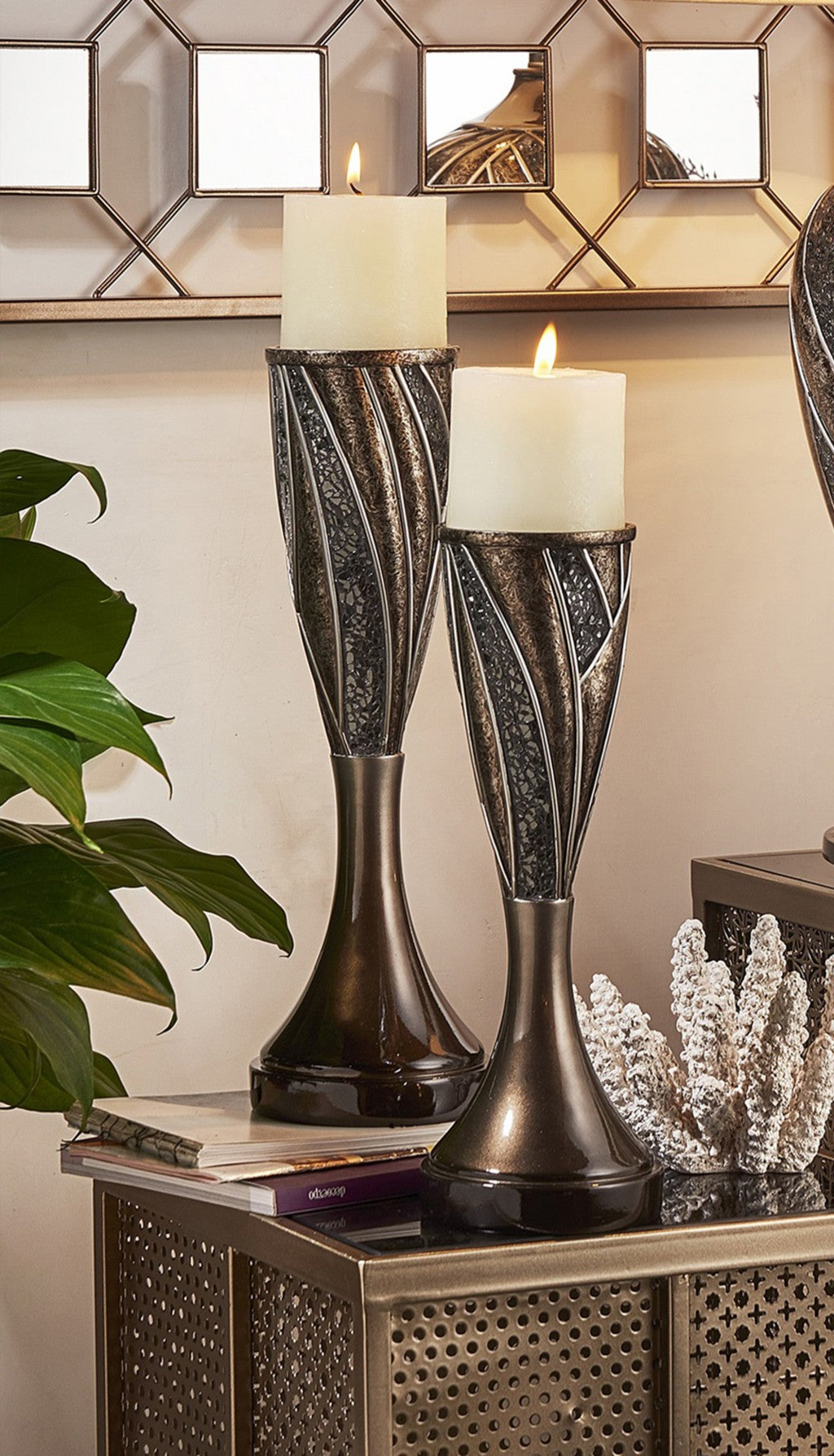 Set of Two Black Silver and Bronze Polyresin Abstract Centerpiece Pillar Candle Holders With Candle