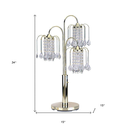 34" Gold and Faux Crystal Three Light Chandelier Table Lamp