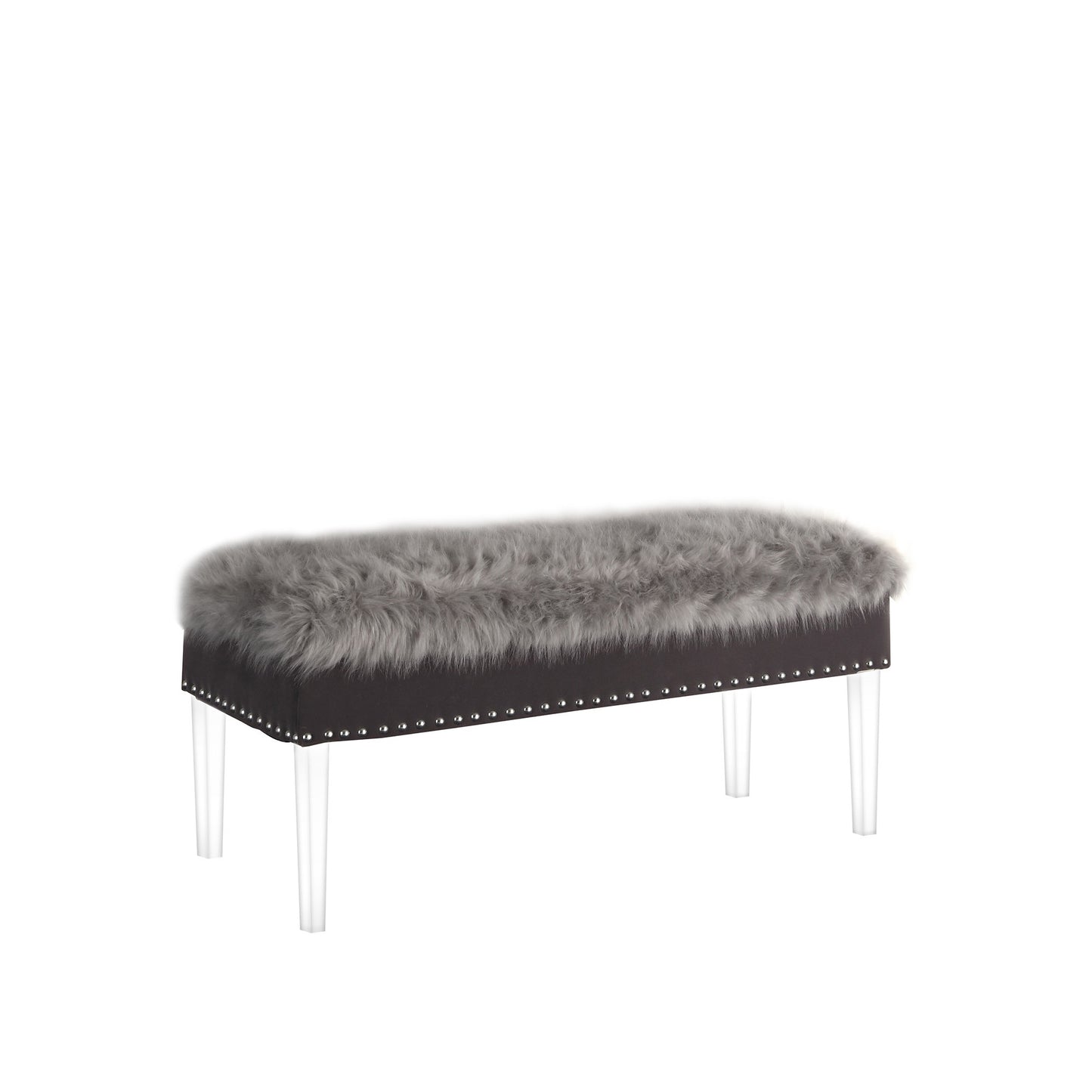 42" Gray and Clear Faux Fur Upholstered Storage Bench with Flip Top