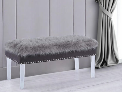 42" Gray and Clear Faux Fur Upholstered Storage Bench with Flip Top