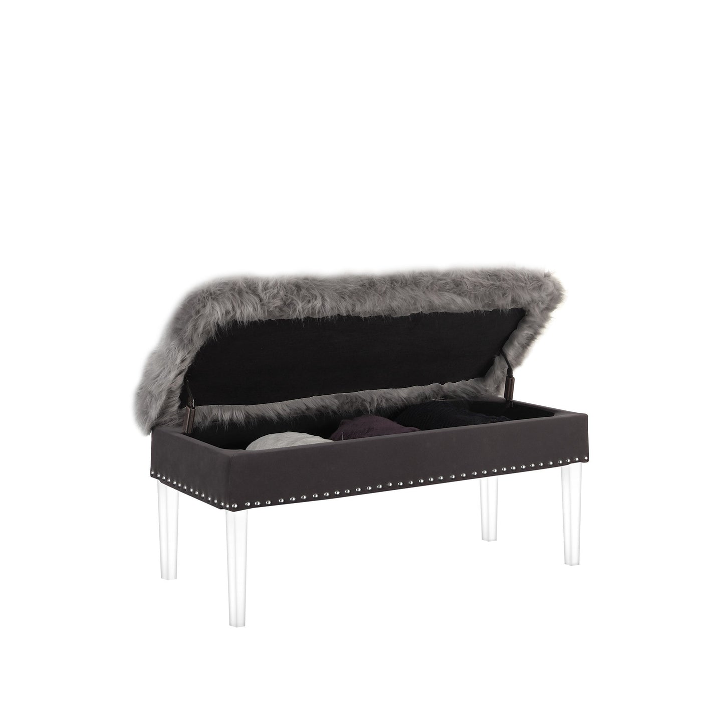 42" Gray and Clear Faux Fur Upholstered Storage Bench with Flip Top