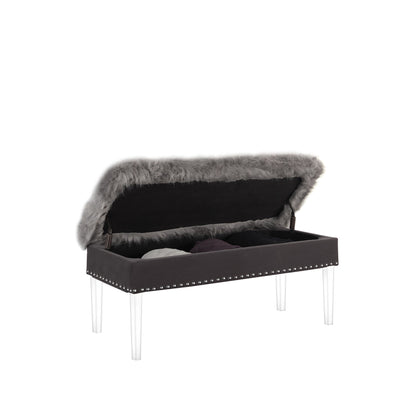 42" Gray and Clear Faux Fur Upholstered Storage Bench with Flip Top