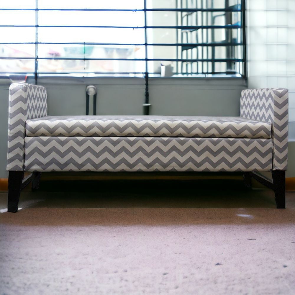 53" Gray and White and Black Upholstered Polyester Blend Geometric Bench with Flip top