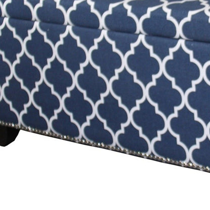 42" Blue and White and Dark Brown Upholstered Polyester Quatrefoil Bench with Flip top