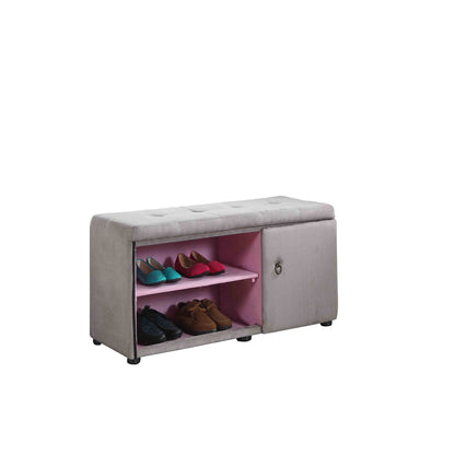 Light Gray and Pink Tufted Shoe Storage Bench