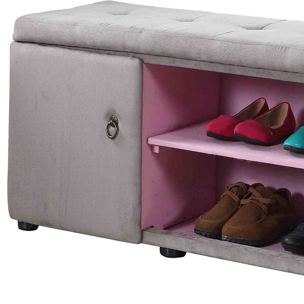 Light Gray and Pink Tufted Shoe Storage Bench