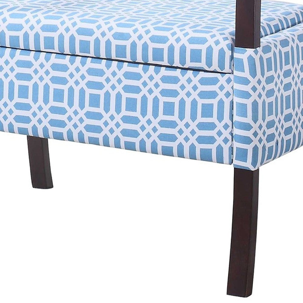 20" Blue And White Polyester And Dark Brown Ottoman