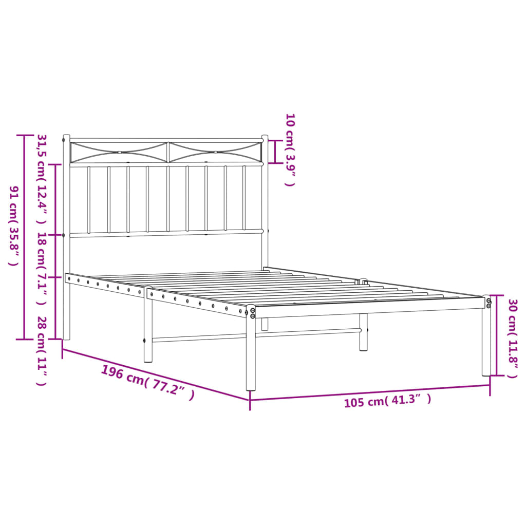 Metal Bed Frame without Mattress with Headboard White 39.4"x74.8"