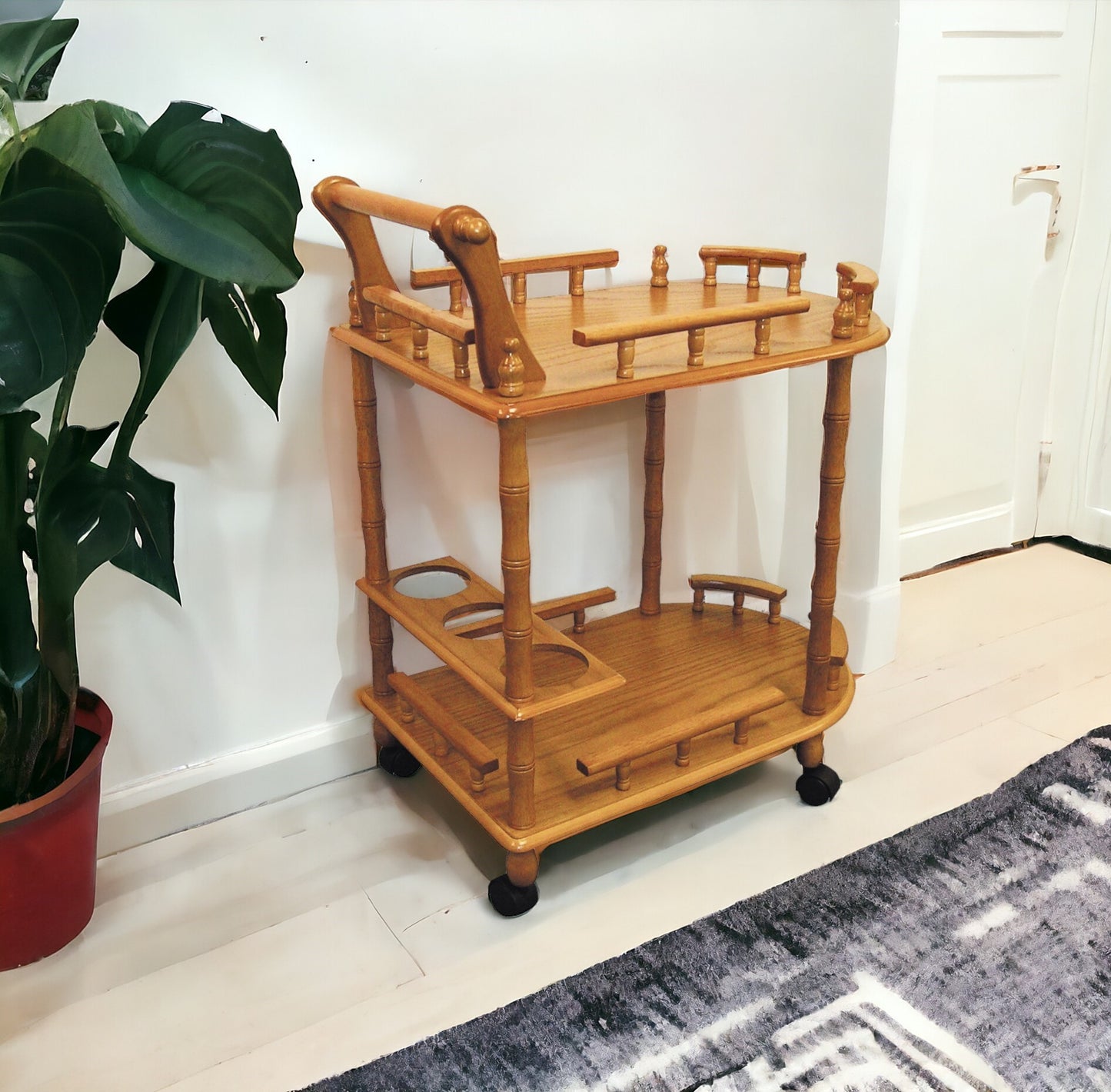 Oak Irregular Rolling Bar Cart With Wine Storage