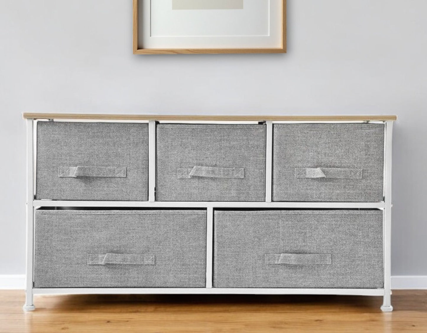 39" Gray and White Steel and Fabric Five Drawer Dresser