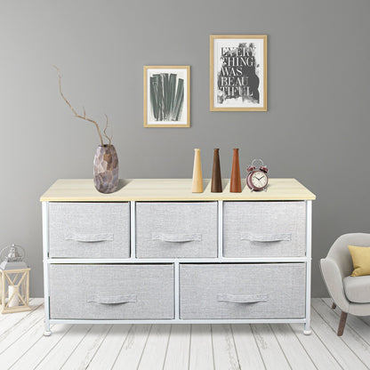 39" Gray and White Steel and Fabric Five Drawer Dresser