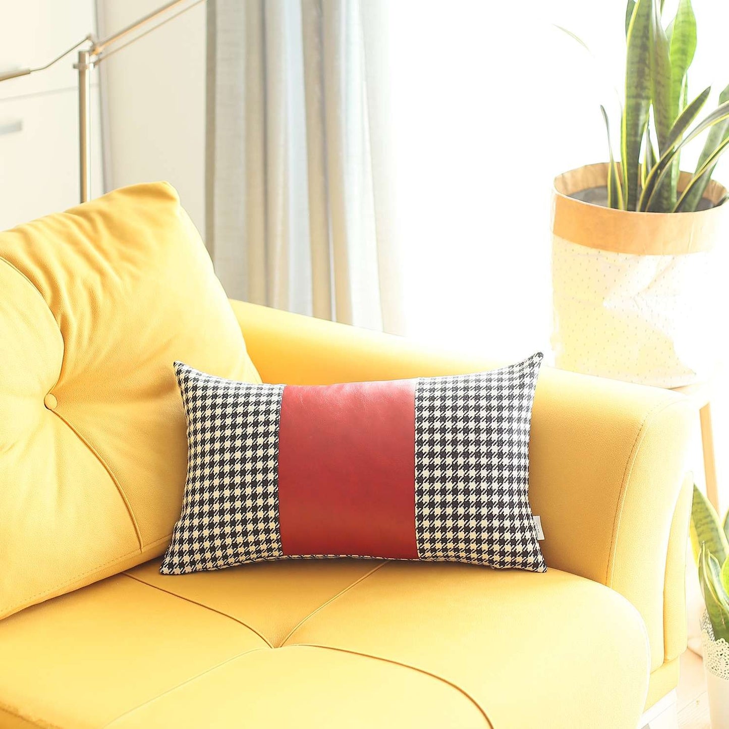 12" X 20" Black And Red Houndstooth Zippered Handmade Polyester Lumbar Pillow Cover