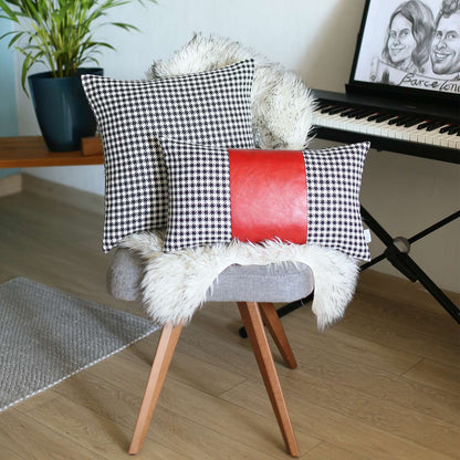 12" X 20" Black And Red Houndstooth Zippered Handmade Polyester Lumbar Pillow Cover