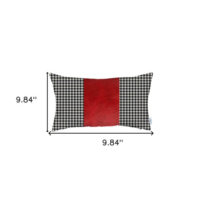 12" X 20" Black And Red Houndstooth Zippered Handmade Polyester Lumbar Pillow Cover