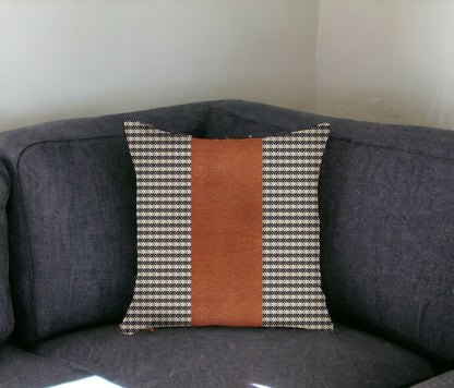 18" X 18" Brown Houndstooth Zippered Handmade Polyester Throw Pillow Cover