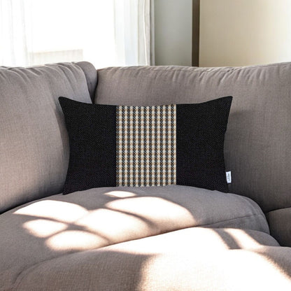 12" X 20" Black And Brown Houndstooth Zippered Handmade Polyester Lumbar Pillow Cover