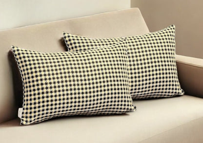 Set of Two 12" X 20" Yellow and Black Houndstooth Fabric Lumbar Throw Pillows