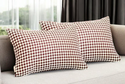 Set of Two 12" X 20" Red and White Houndstooth Fabric Lumbar Throw Pillows