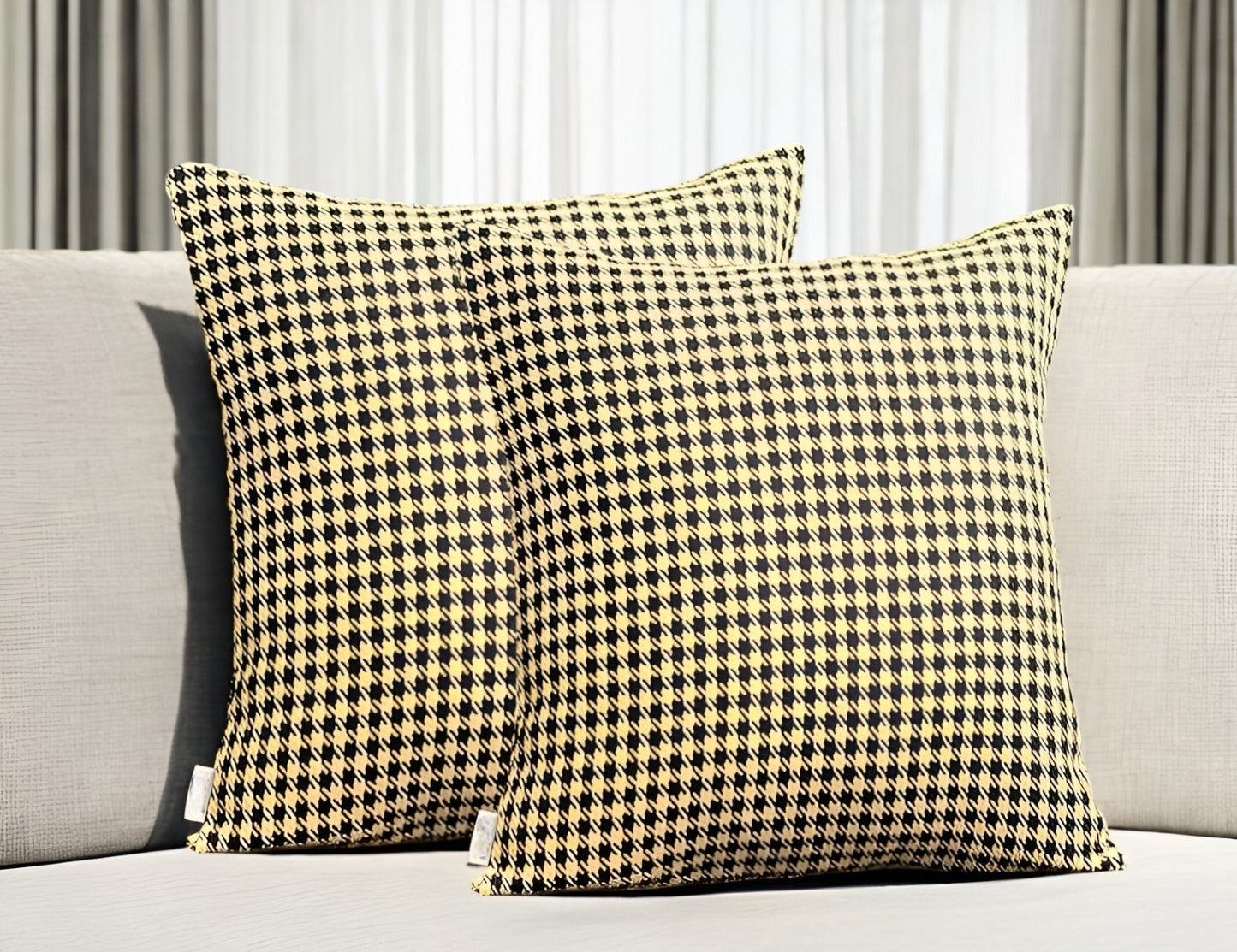 Set of Two 18" Yellow and Black Houndstooth Fabric Throw Pillows