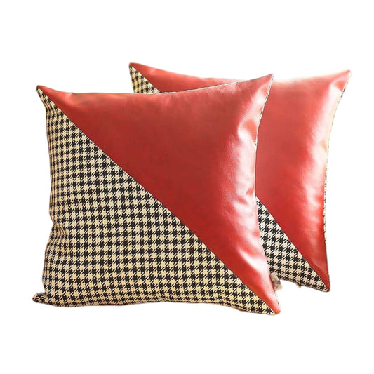 Set of Two 18" Red Black and White Houndstooth Fabric and Faux Leather Throw Pillows