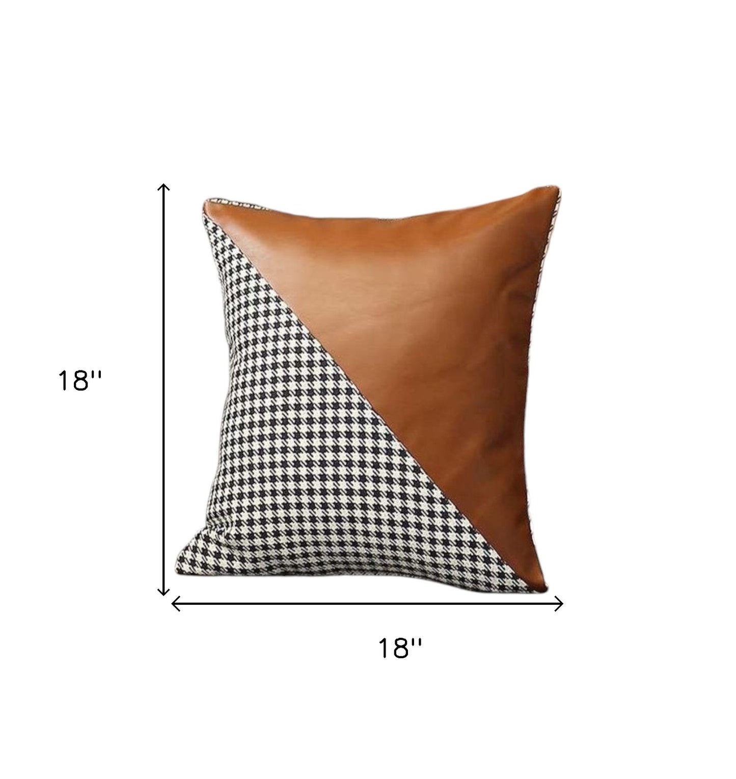 Set of Two 18" Brown Black and White Houndstooth Fabric and Faux Leather Throw Pillows