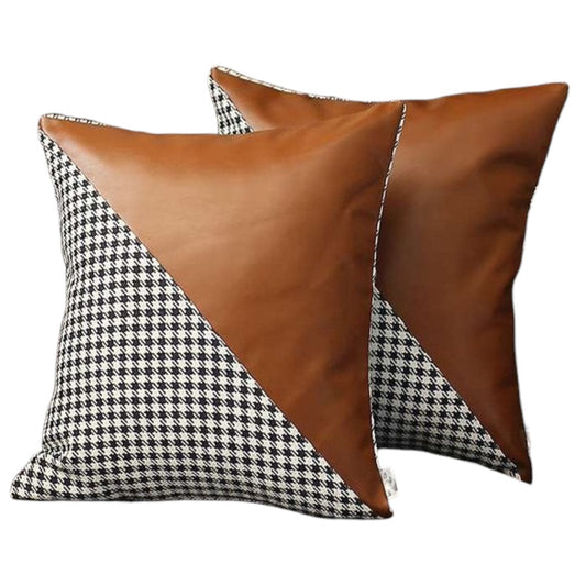 Set of Two 18" Brown Black and White Houndstooth Fabric and Faux Leather Throw Pillows