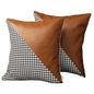 Set of Two 18" Brown Black and White Houndstooth Fabric and Faux Leather Throw Pillows