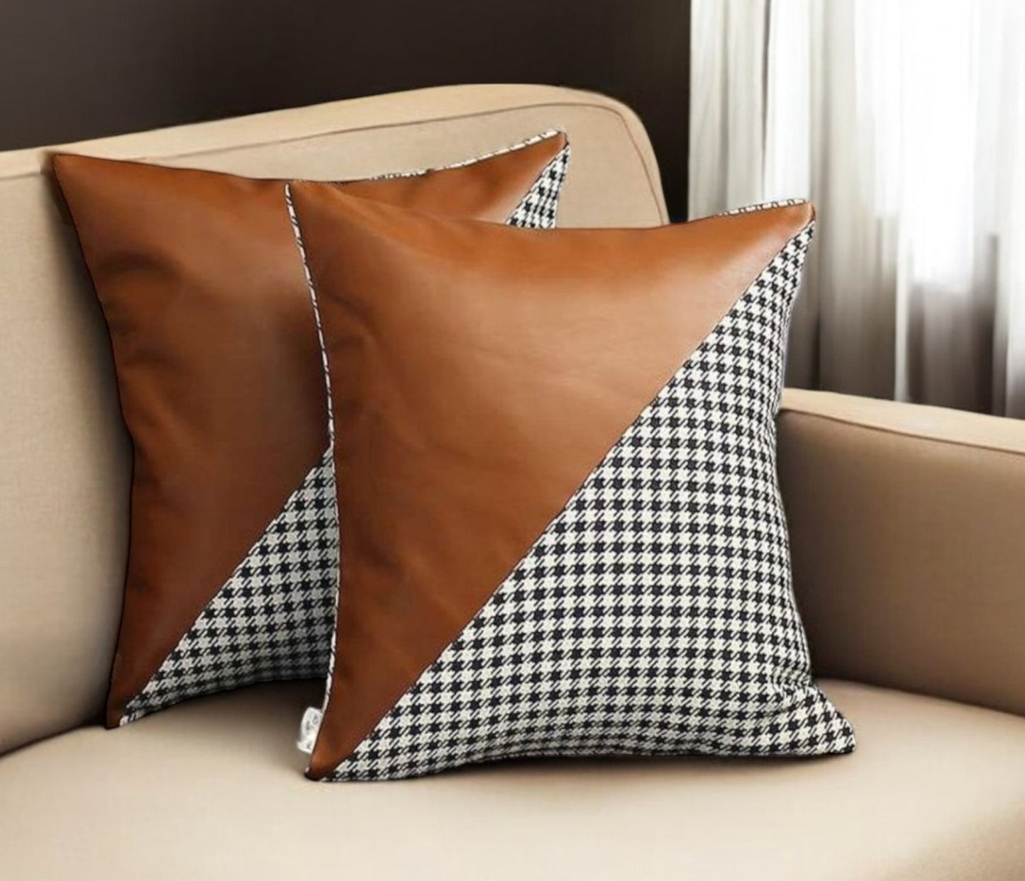 Set of Two 18" Brown Black and White Houndstooth Fabric and Faux Leather Throw Pillows