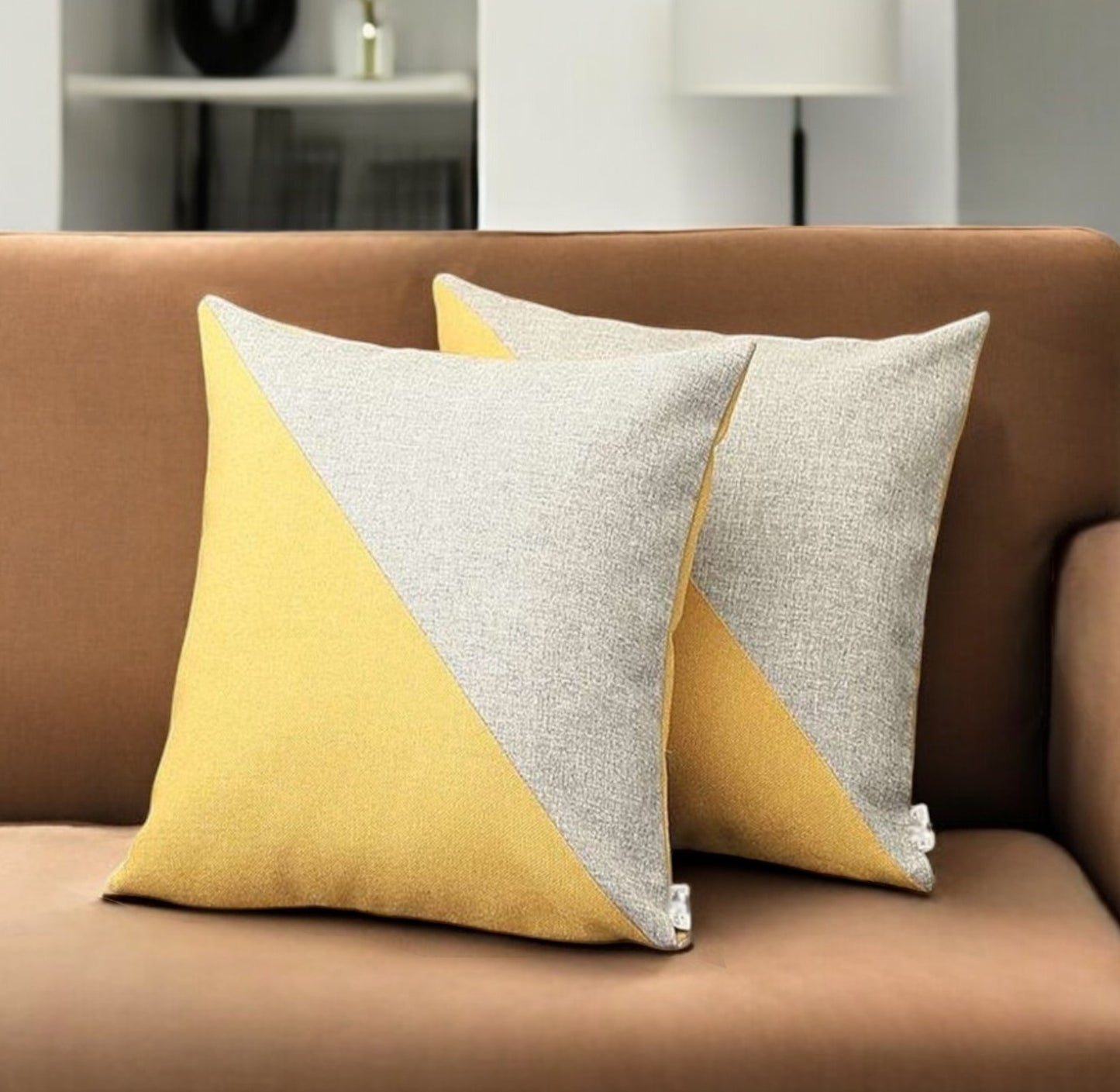 Set Of Two 18" X 18" Grey And Yellow Polyester Geometric Zippered Pillow