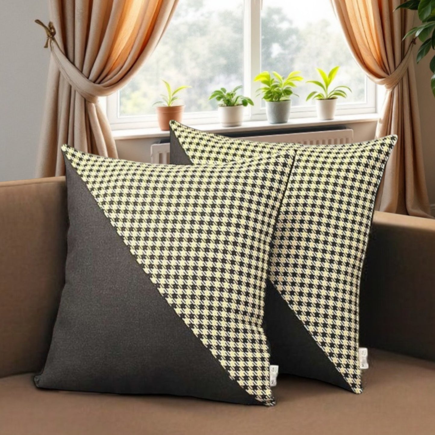 Set of Two 18" Black and Yellow Houndstooth Fabric Throw Pillows