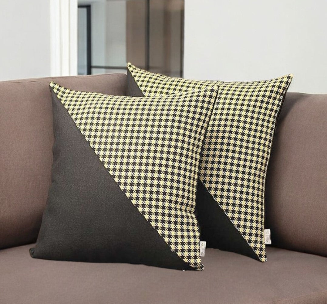 Set Of Two 18" X 18" Black And Yellow Polyester Houndstooth Zippered Pillow