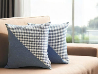 Set of Two 18" Blue and White Houndstooth Fabric Throw Pillows